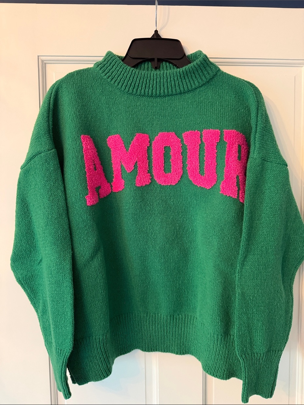 Green 'Amour' Knit Sweater with Pink Lettering